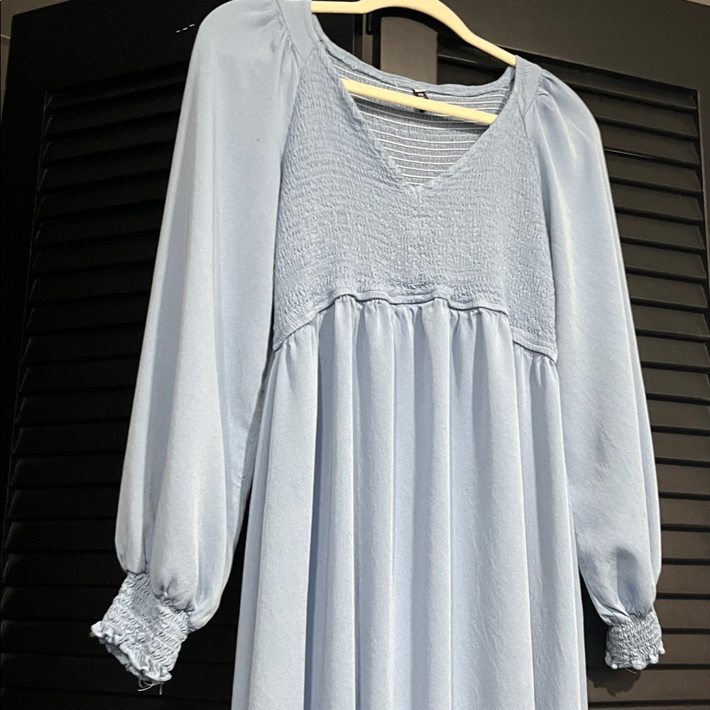 ZILCREMO Smocked Bodice Flowy Long Sleeve Blue Dress Women’s Size L